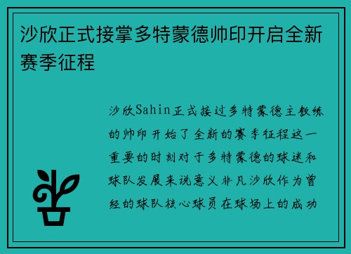 沙欣正式接掌多特蒙德帅印开启全新赛季征程 沙欣正式接掌多特蒙德帅印开启全新赛季征程